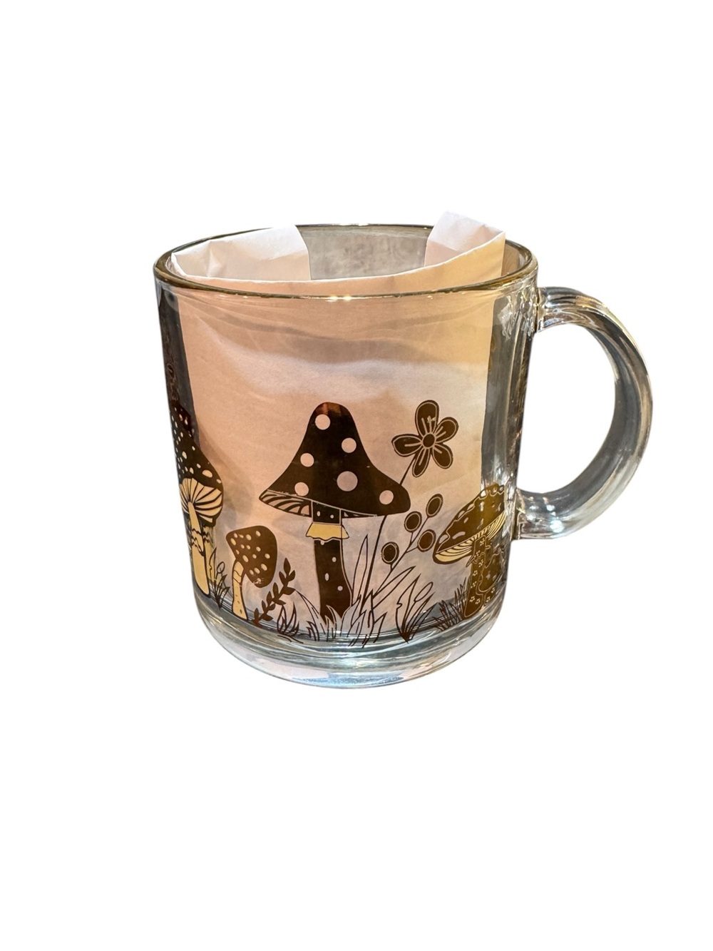 Retro Inspired Mushroom Mug Handled Clear Glass Hippie Cottagecore